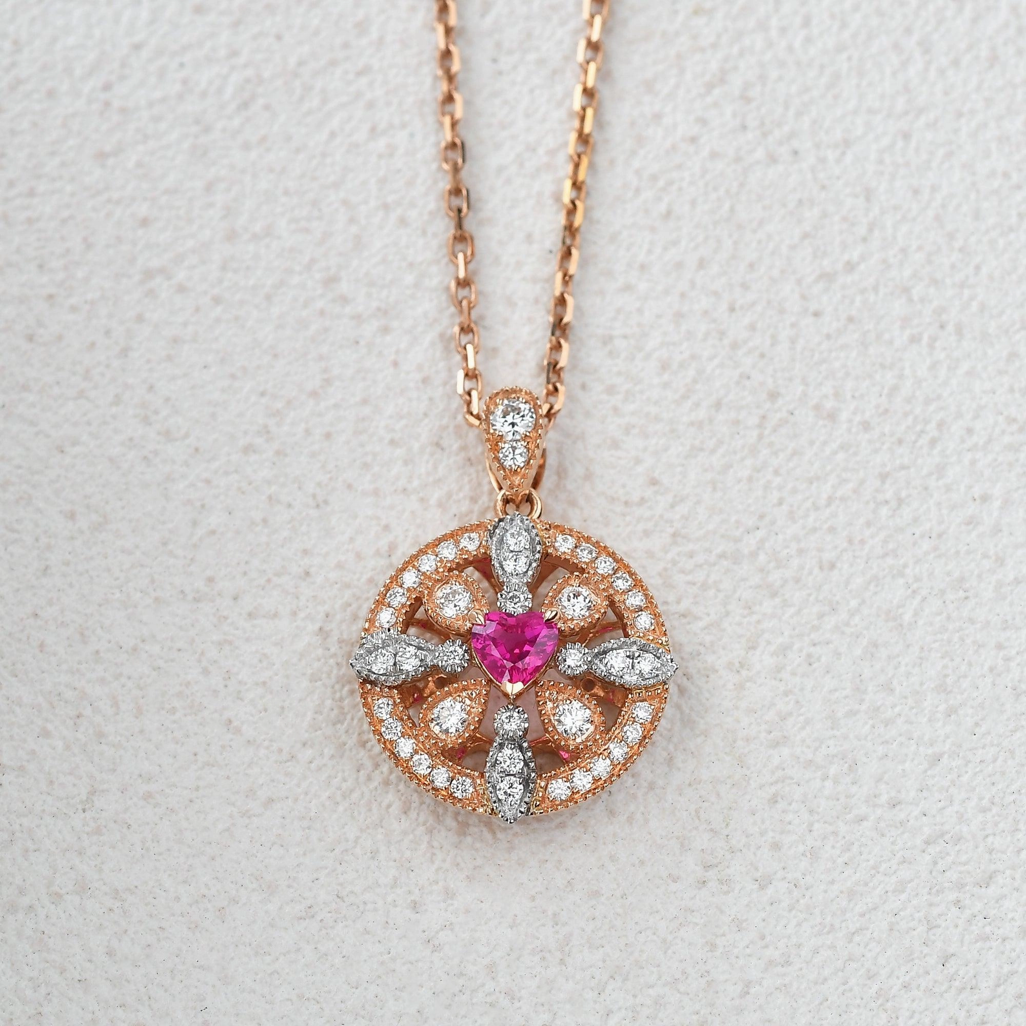 Soft Form Art-Deco Heart Shaped Ruby Rose Gold Necklace