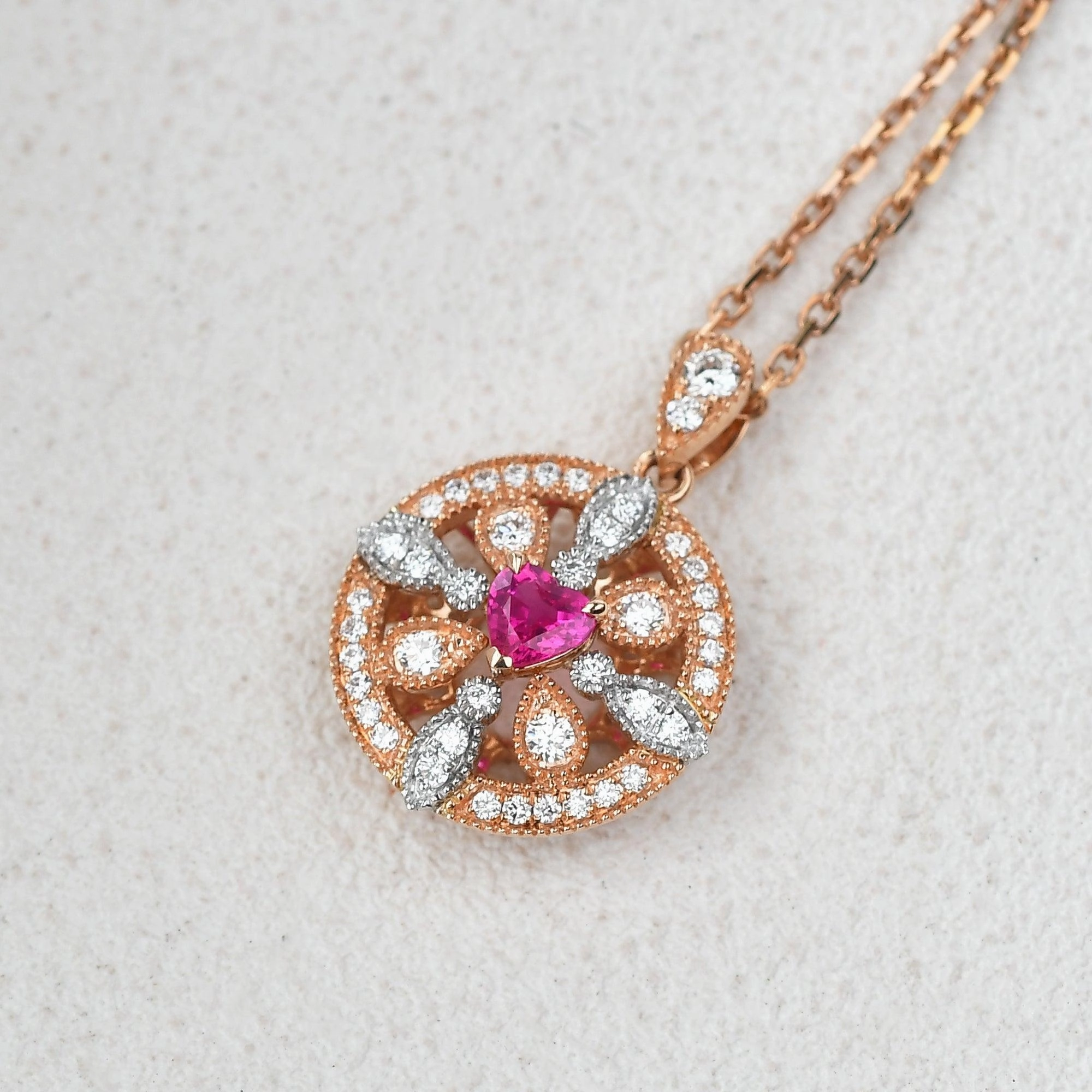 Bridal Touch Art-Deco Heart Shaped Ruby Rose Gold Necklace