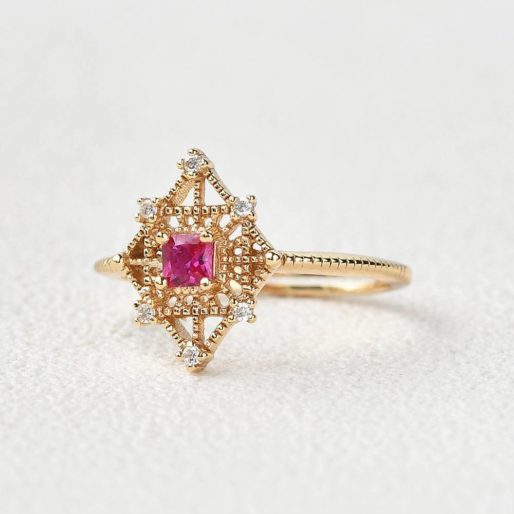 Romantic Present Art-Deco Lab Ruby & Moissanite Yellow Gold Ring