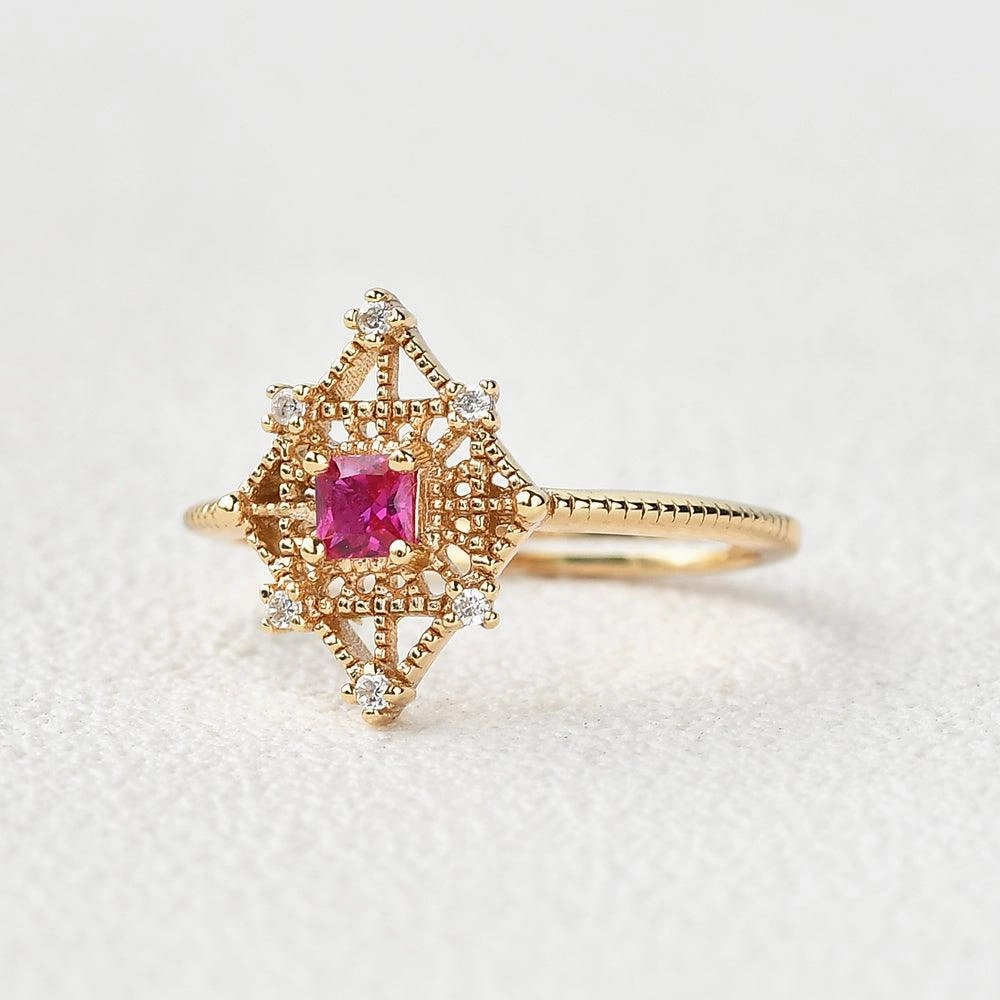 Art-Deco Lab Ruby & Moissanite Yellow Gold Ring Modern Craft