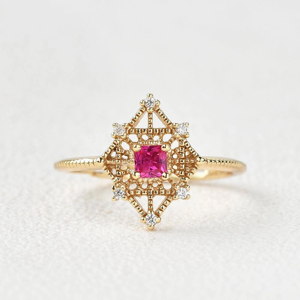 Elegant accessories Art-Deco Lab Ruby & Moissanite Yellow Gold Ring