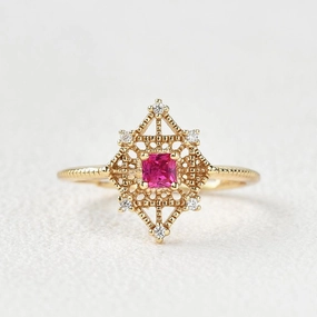 Elegant accessories Art-Deco Lab Ruby & Moissanite Yellow Gold Ring