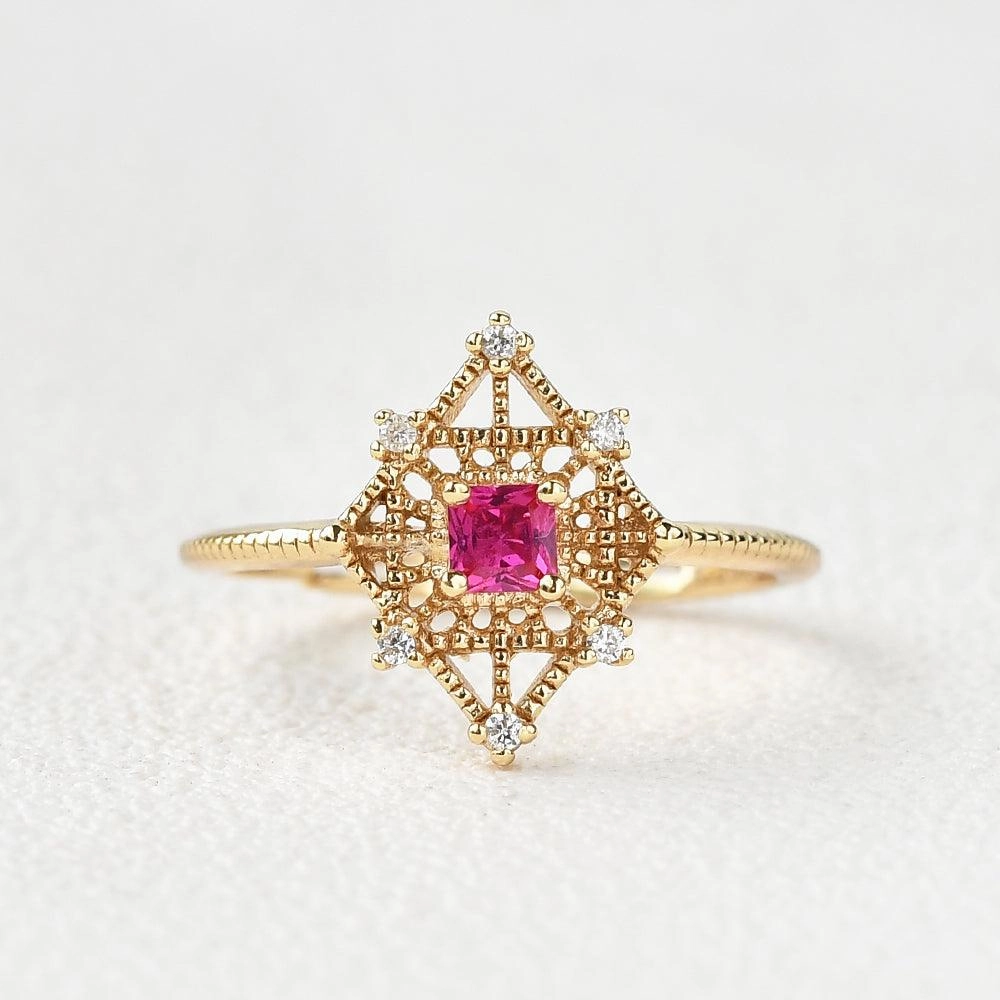 Art-Deco Lab Ruby & Moissanite Yellow Gold Ring Artful Edge