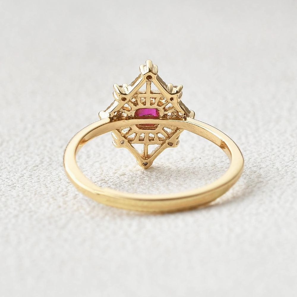 Model Fit Designer Craft Art-Deco Lab Ruby & Moissanite Yellow Gold Ring