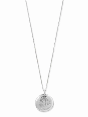 Sterling Silver Engraved Rose Disk Necklace Pendant on Box Chain Monochrome Mood Allure Finish