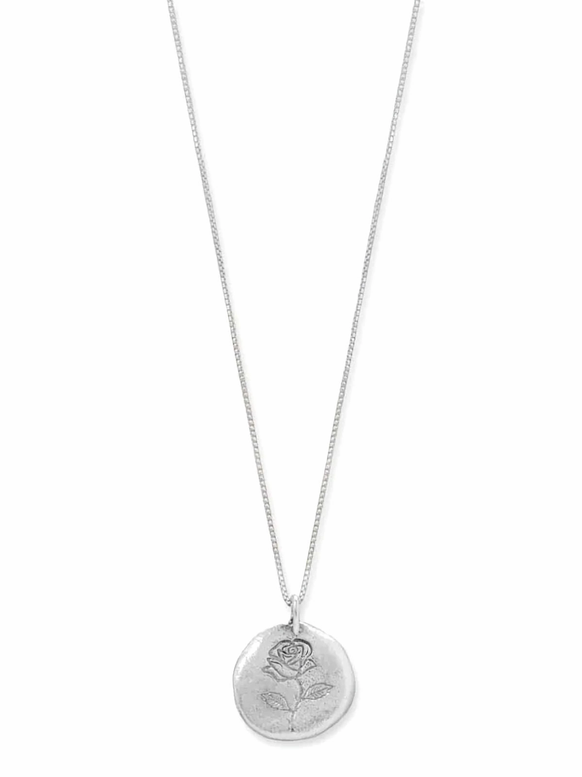 Sterling Silver Engraved Rose Disk Necklace Pendant on Box Chain Monochrome Mood Allure Finish