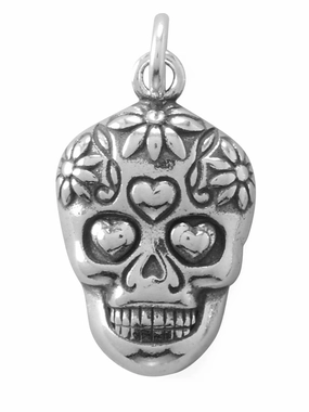 Radiant Look Day of the Dead Sugar Skull Charm Antiqued Sterling Silver