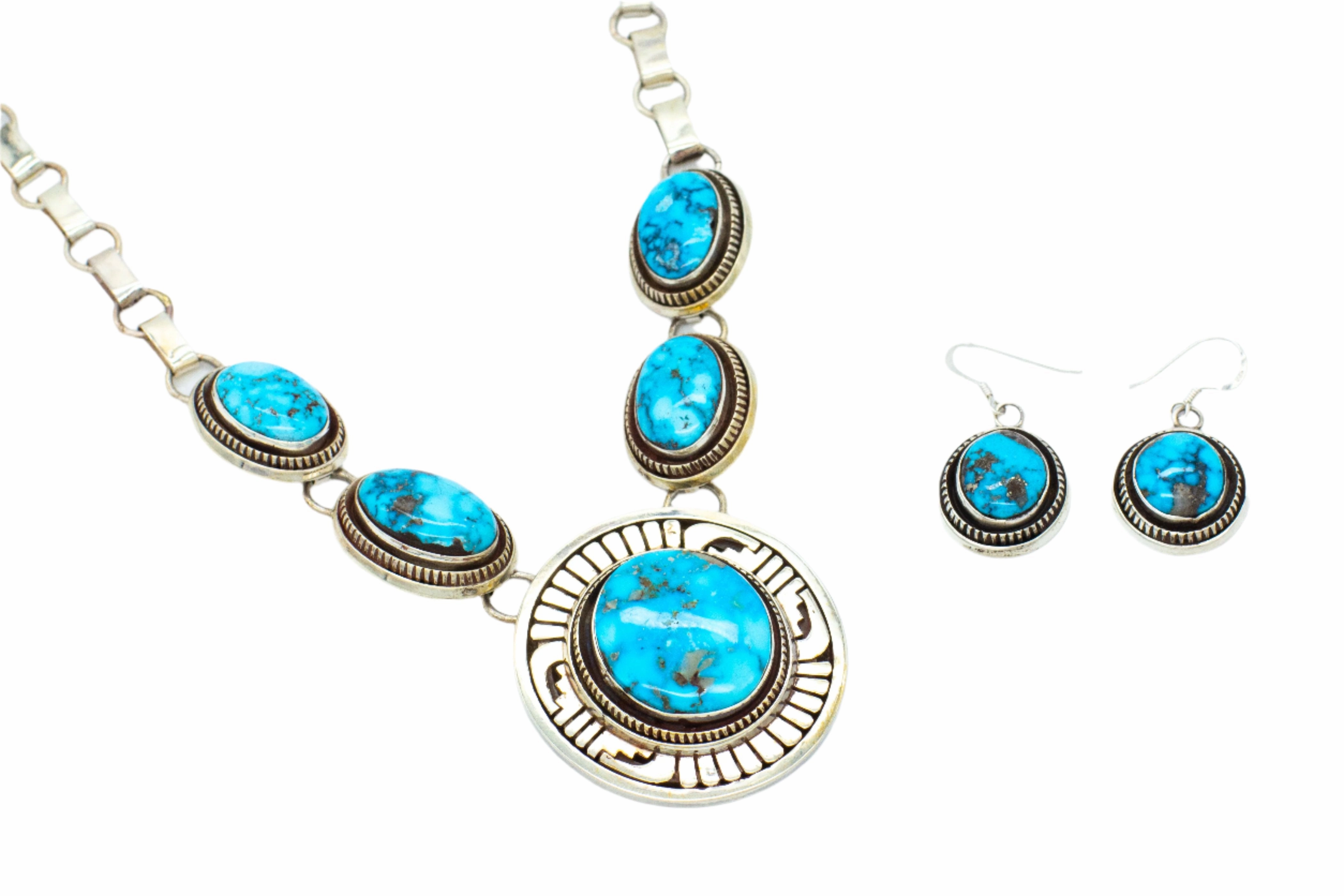 Leonard Nez Navajo Handmade Sterling Silver Turquoise Pendant Necklace and Earrings Set Trendy Gift Photo Ready