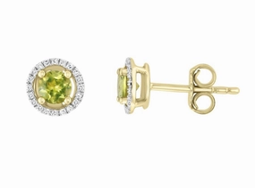 Minimalist Feature Round Shape Peridot and Diamonds Solitaire/Stud Earrings in 14K Yellow Gold (0.64ctw)