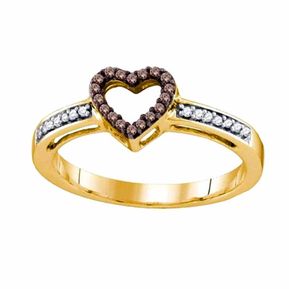 10k Yellow Gold Brown Diamond Heart Ring with White Diamond Accents 32 Diamonds Balanced Design Simple Item