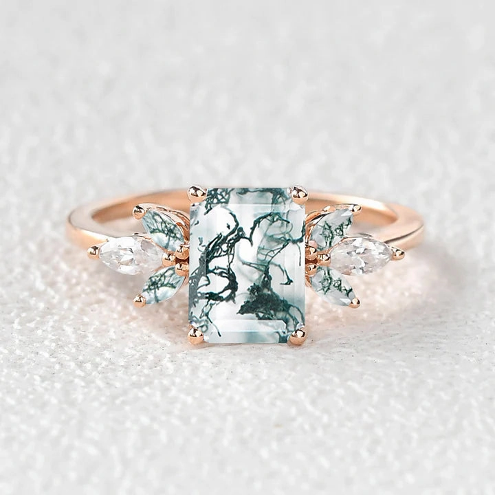 Bold Shine Pieces Creative Craft Emerald Cut Moss Agate Cluster Wing Engagement Ring - Flutter