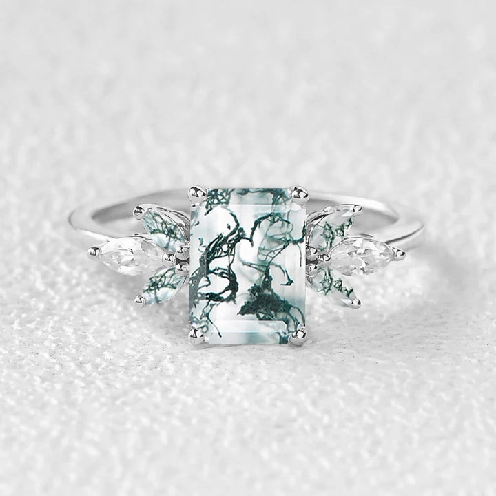 Emerald Cut Moss Agate Cluster Wing Engagement Ring - Flutter Gloss Accent