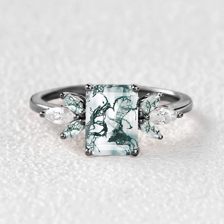 Spark Ready Chic Touch Emerald Cut Moss Agate Cluster Wing Engagement Ring - Flutter