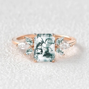 Bold Shine Pieces Creative Craft Emerald Cut Moss Agate Cluster Wing Engagement Ring - Flutter
