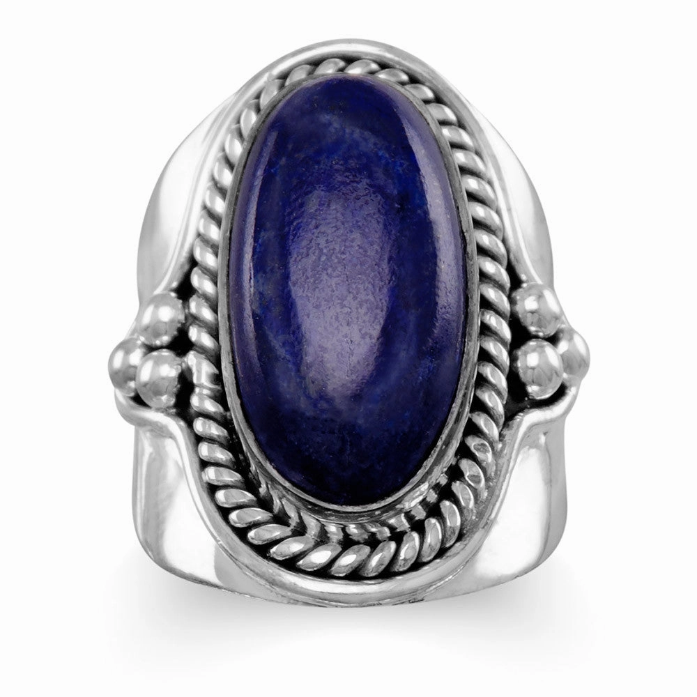 Lapis Lazuli Rope and Bead Polished Band Sterling Silver Ring Budget Symbol Textured Feel