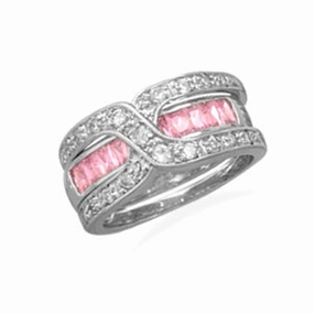 Smart Design Strong Adornment Pink and Clear Cubic Zirconia Band Ring with Guard Rhodium on Sterling Silver