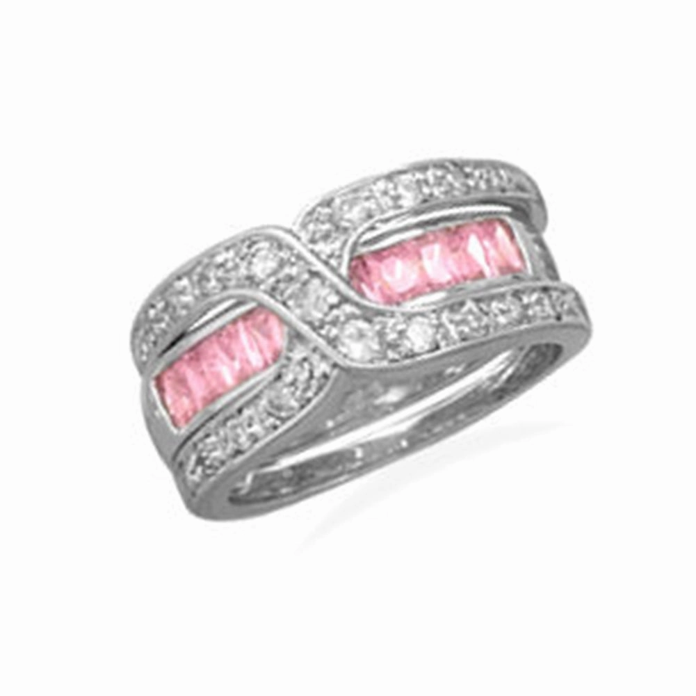 Smart Design Strong Adornment Pink and Clear Cubic Zirconia Band Ring with Guard Rhodium on Sterling Silver