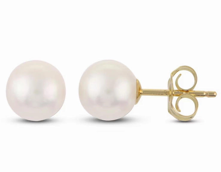 Solitaire/Stud Akoya Cultured Pearl Earrings in 14K Yellow Gold Large Piece Durable Essential