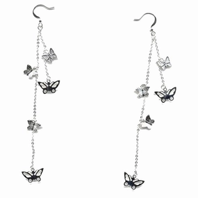 Radiant Jewelry AzureBella Jewelry Extra Long Double Chain Butterfly Earrings - Silver Plate