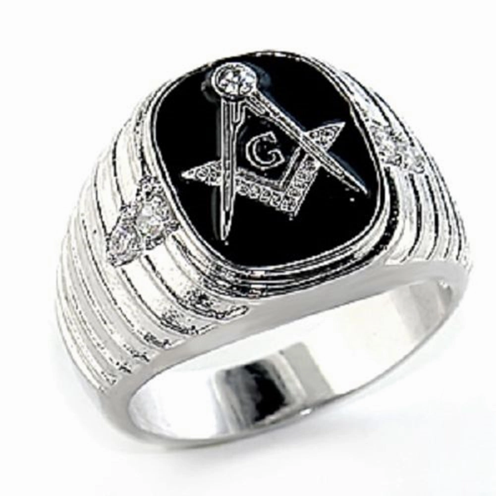 AzureBella Jewelry Masonic Ring with Black Enamel and Cubic Zirconia Accents on Top and Sides Beautiful Creation