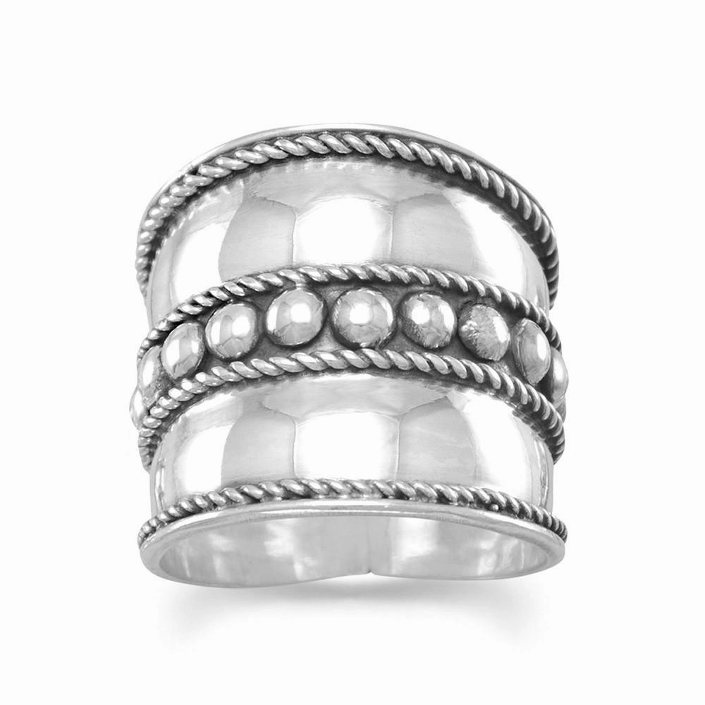 Bali  Bead Rope Edge Band Ring Extra Wide Antiqued and Polished Sterling Silver Fine Look Event Piece