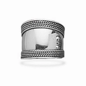 Bali Sterling Silver Rope Edge Wide Band Ring Antique Oxidized Finish Shiny Article