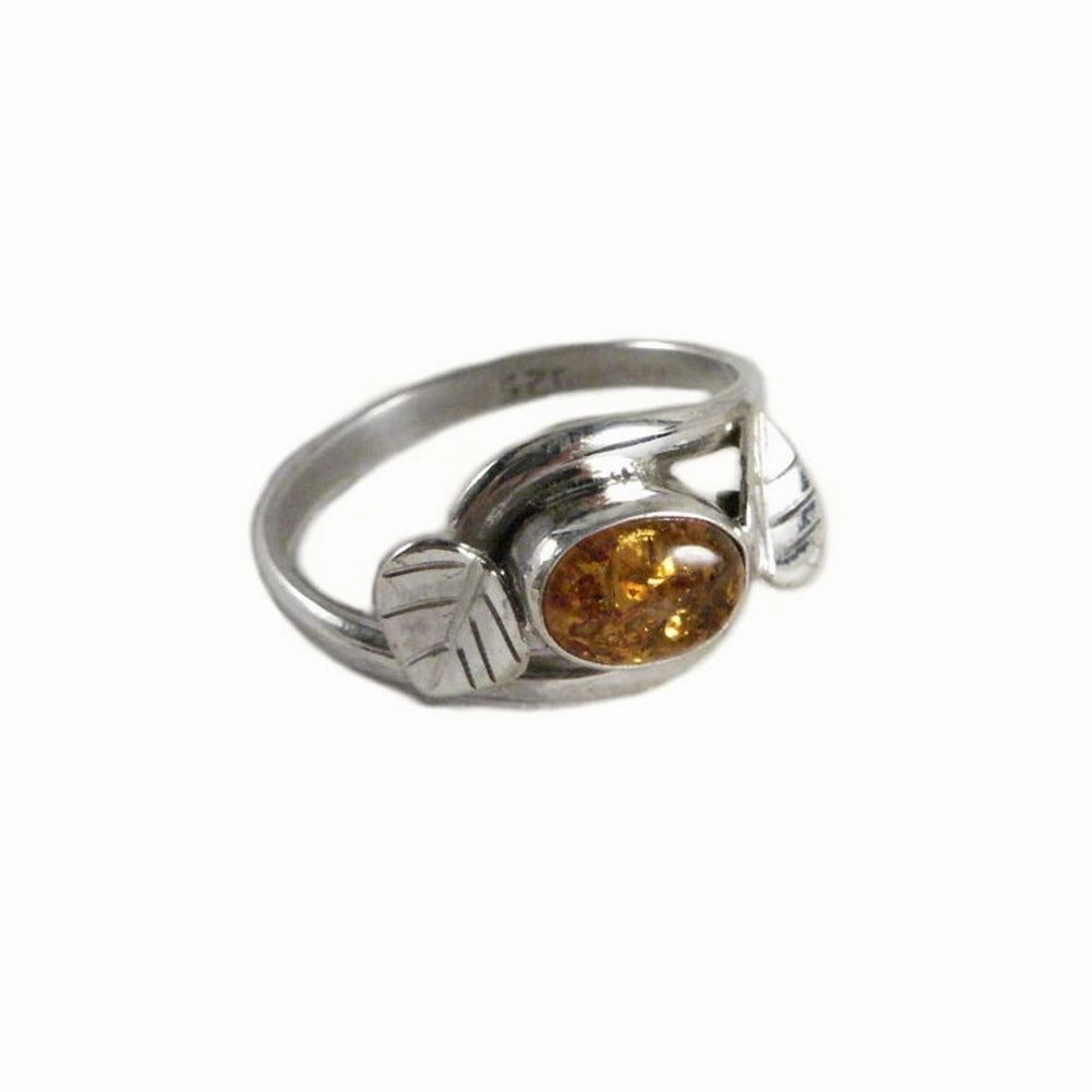 Fresh Form Creative Accent Baltic Amber Leaf Vine Wrap Style Ring Sterling Silver Fair Trade
