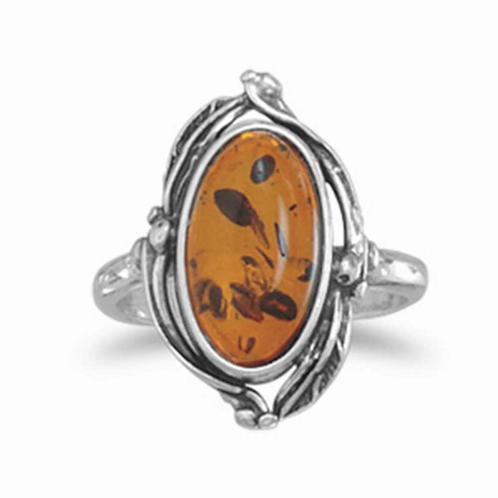 Baltic Amber Ring Leaf Design Size 7 Polished Texture