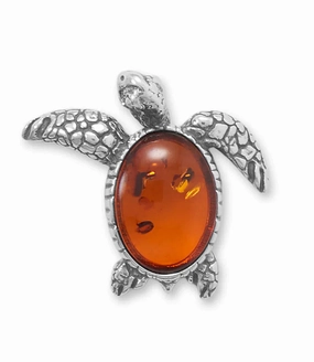 Finest Highlight Baltic Amber Sea Turtle Slide Pendant Oxidized Antique Sterling Silver Setting, Pendant Only