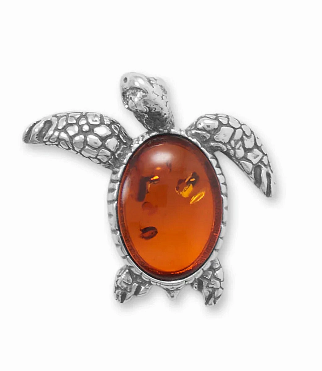 Finest Highlight Baltic Amber Sea Turtle Slide Pendant Oxidized Antique Sterling Silver Setting, Pendant Only