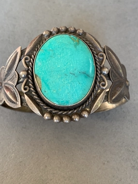 Luxury Line Flat Detail Bell Trading Fred Harvey Era Sterling Turquoise Bracelet