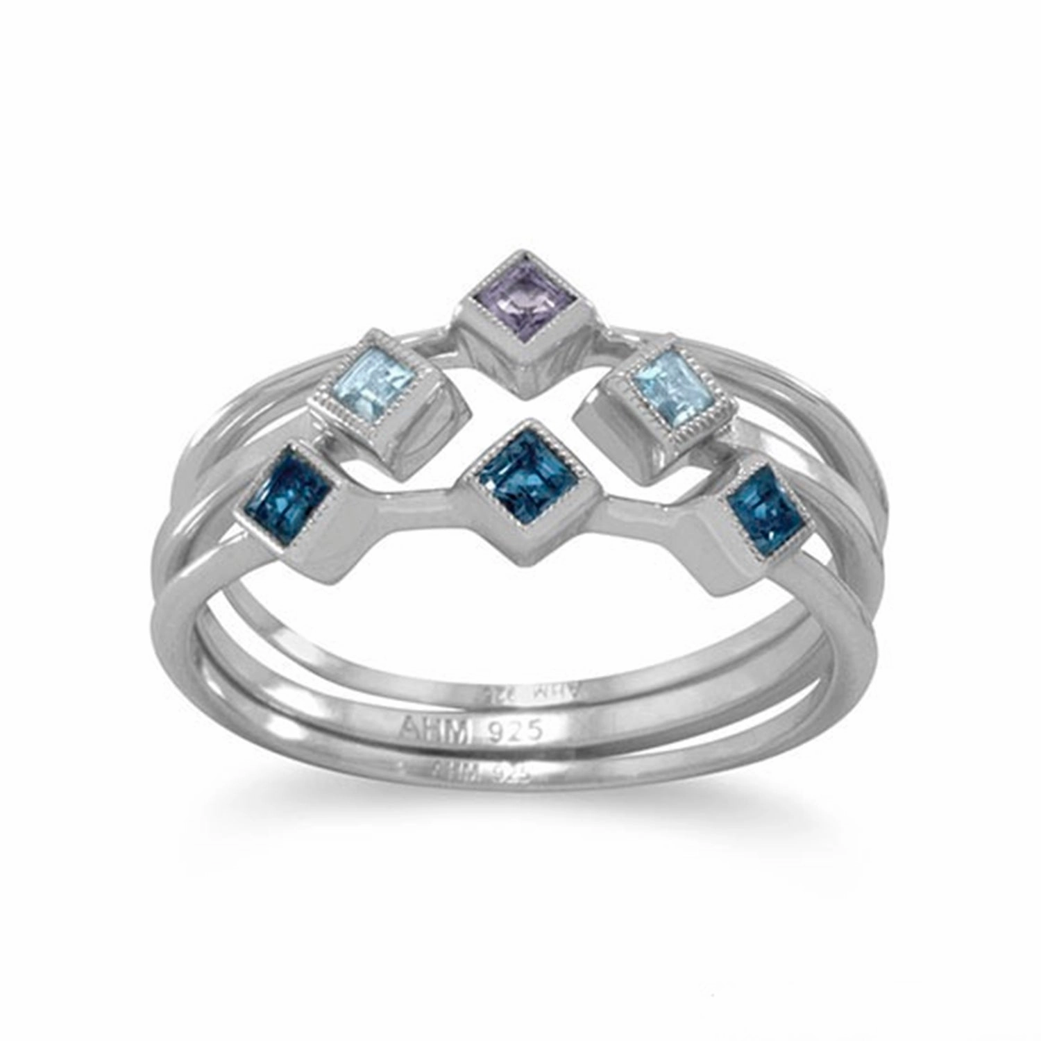 Custom Memento Set of Three Stackable Rings Iolite and Blue Topaz Rhodium on Sterling Silver