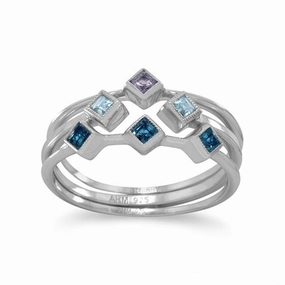 Custom Memento Set of Three Stackable Rings Iolite and Blue Topaz Rhodium on Sterling Silver