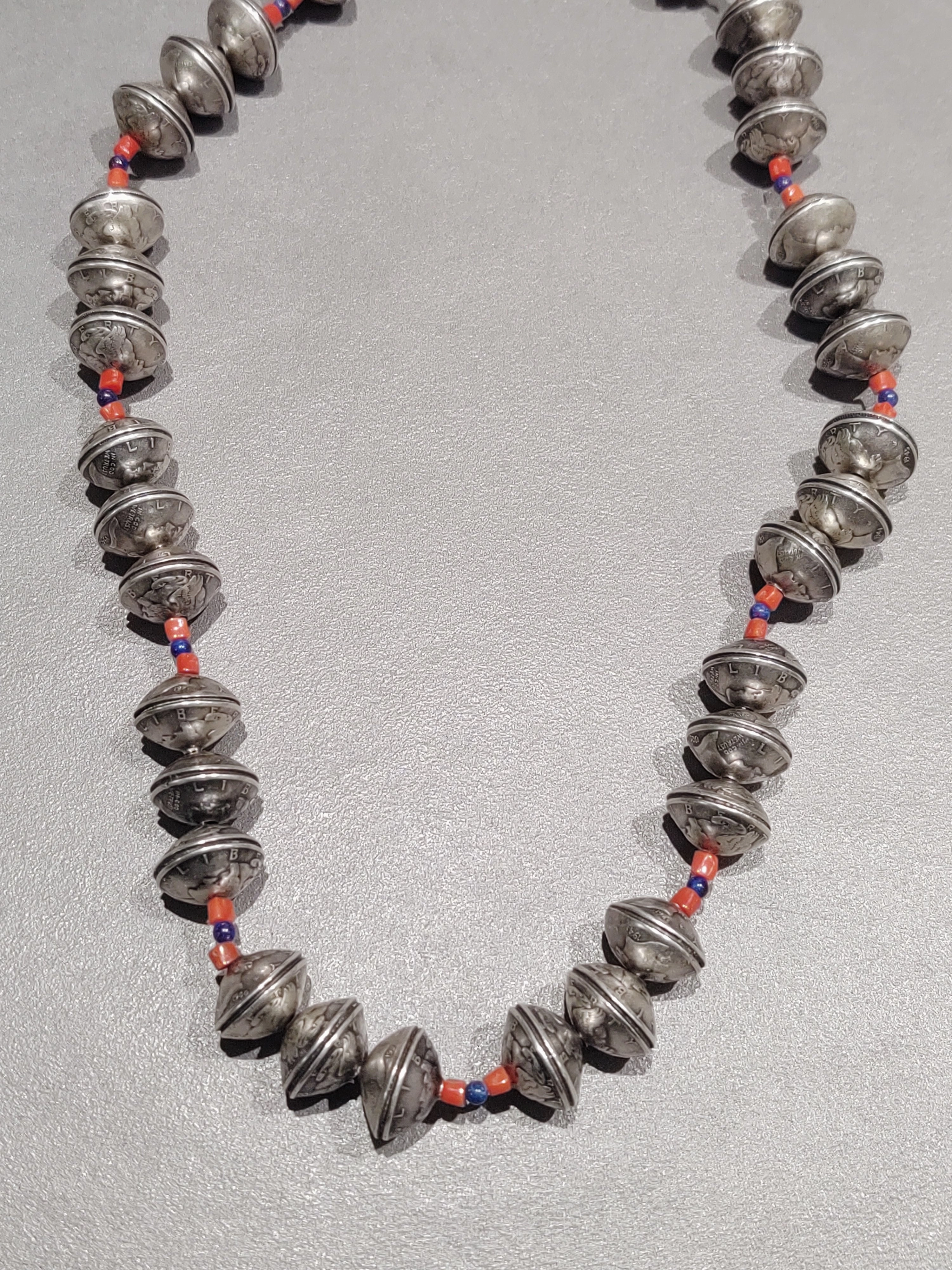 Betty Yellowhorse Navajo Mercury Dime Coral Lapis Necklace - Handmade Native American Evening Collection Gift Appeal