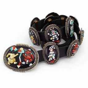 Precious Stones Beverly Estate Zuni Handmade Inlay Sterling Silver Concho Belt