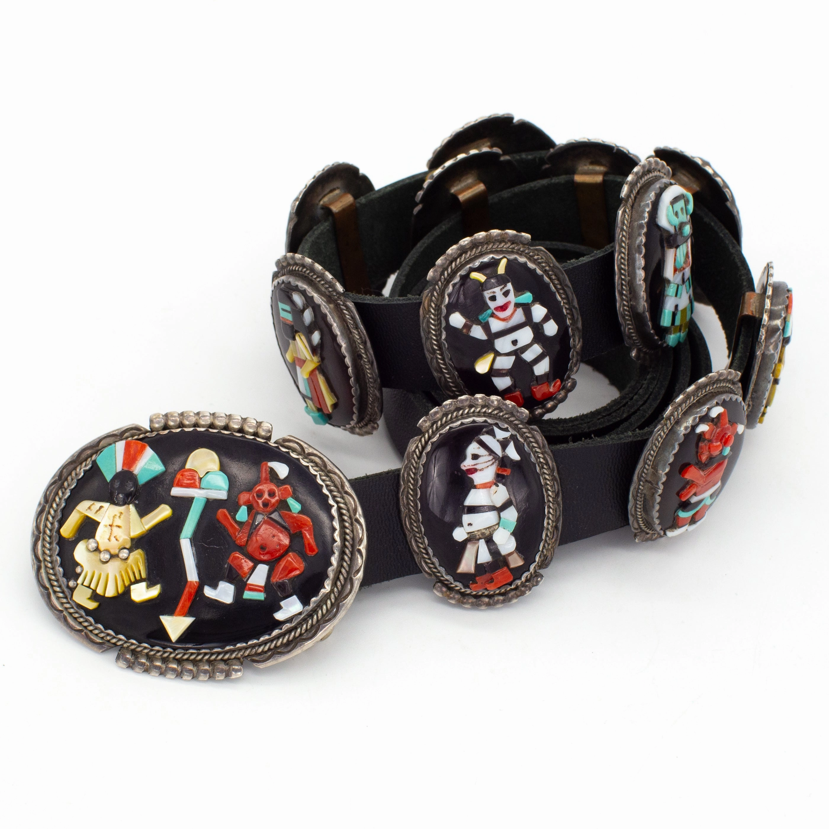 Precious Stones Beverly Estate Zuni Handmade Inlay Sterling Silver Concho Belt