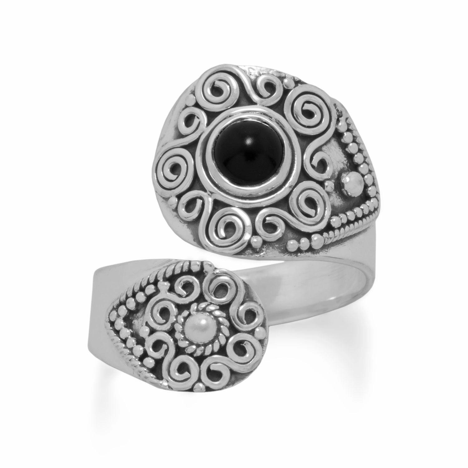 Personal Look Black Onyx Wrap Spoon Ring with Bead and Scroll Design Sterling Silver