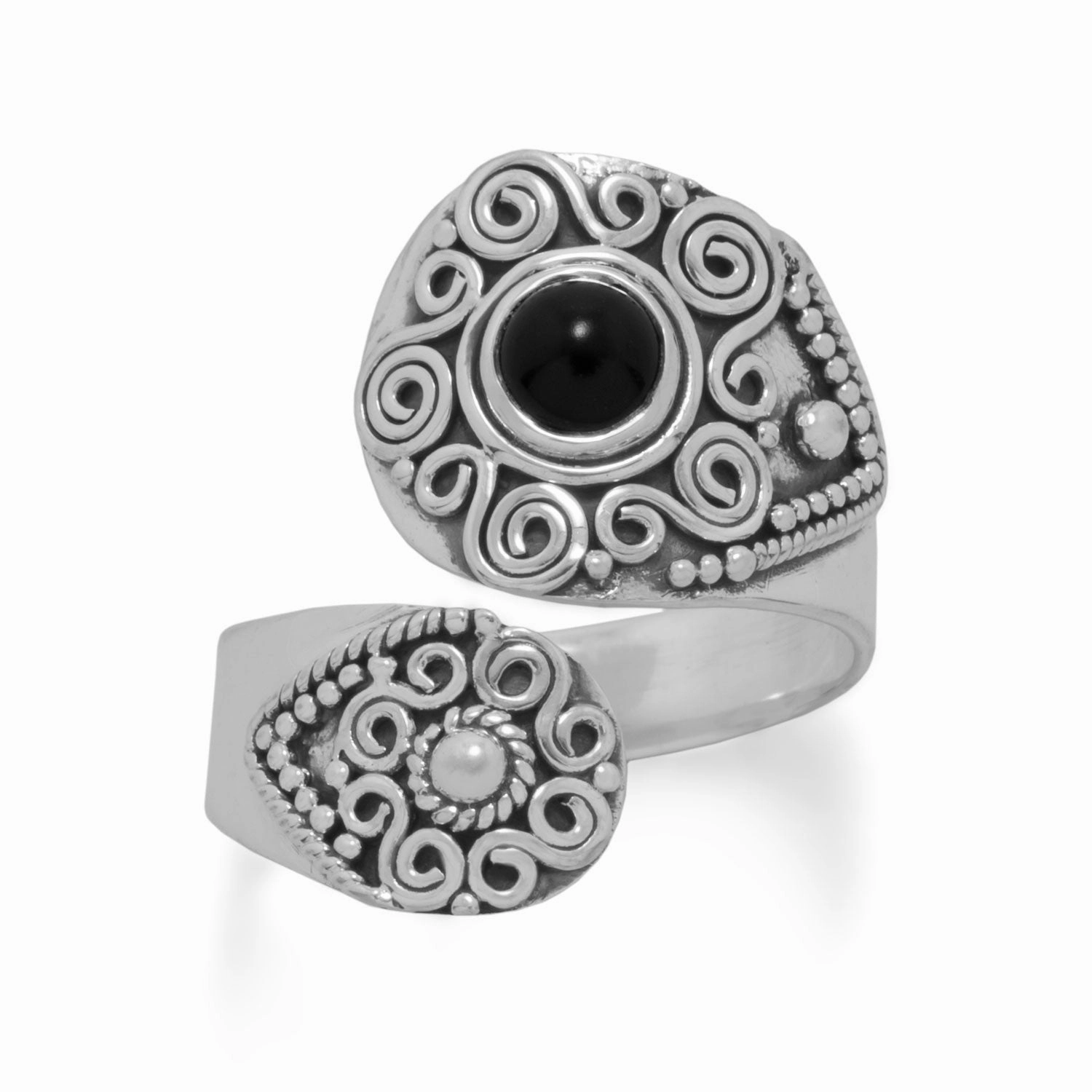 Black Onyx Wrap Spoon Ring with Bead and Scroll Design Sterling Silver Bright Finish