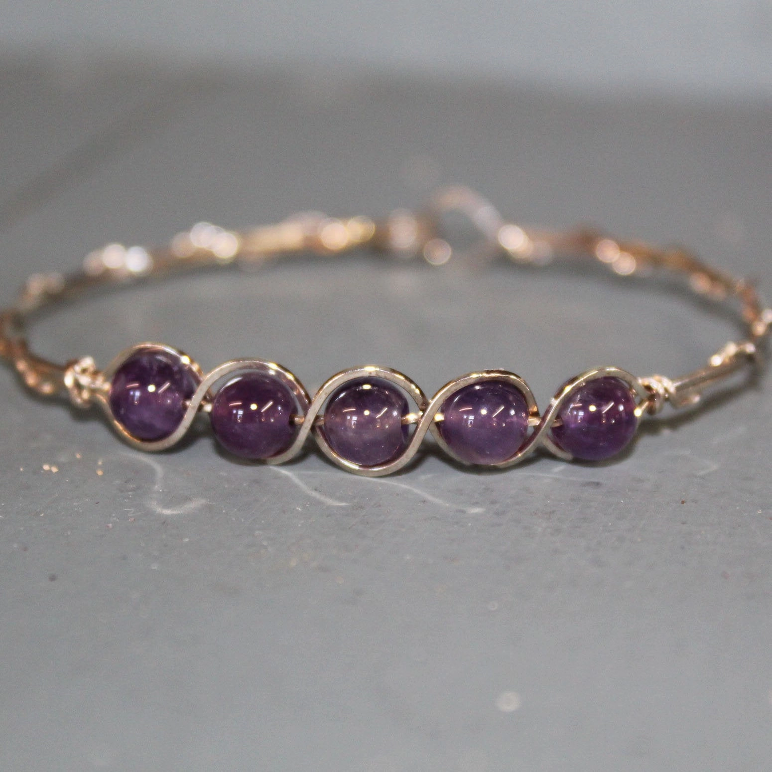Revolutionary Approach 5-Bead Outline Amethyst Beads Sterling Silver Wire Wrapped Bracelet