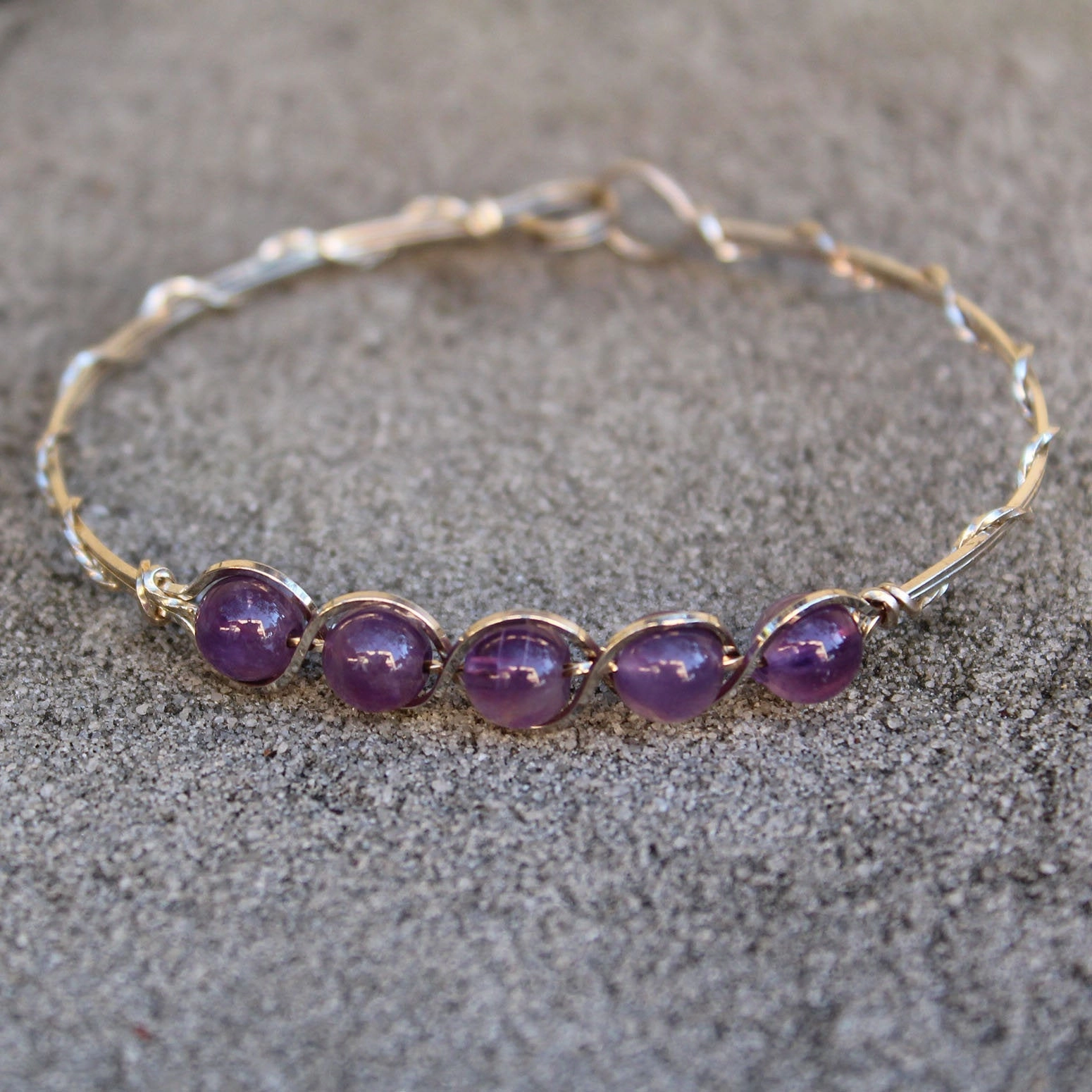 Neighborhood Find Reasonable Rate 5-Bead Outline Amethyst Beads Sterling Silver Wire Wrapped Bracelet