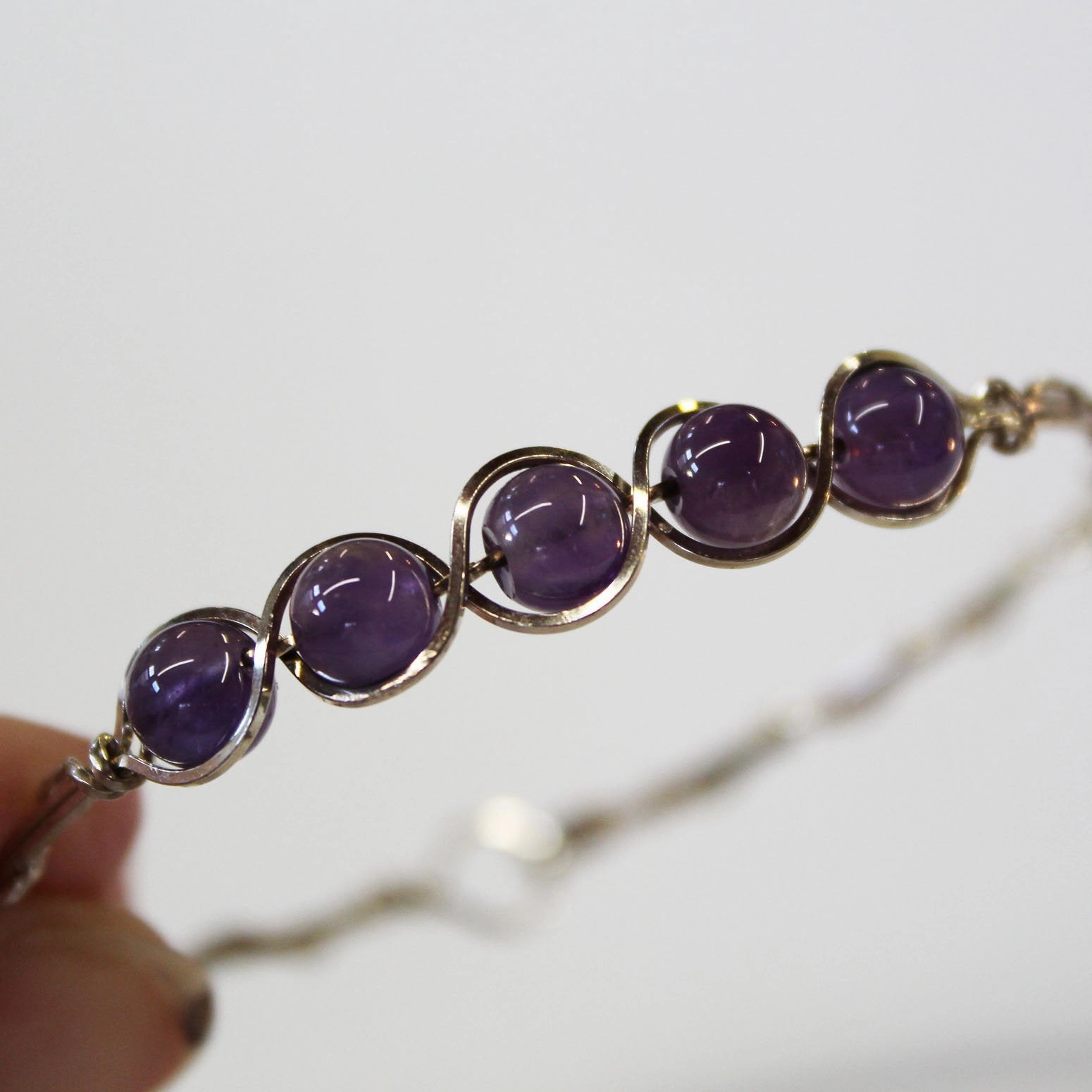 5-Bead Outline Amethyst Beads Sterling Silver Wire Wrapped Bracelet Zen Style Ancestral Blessing