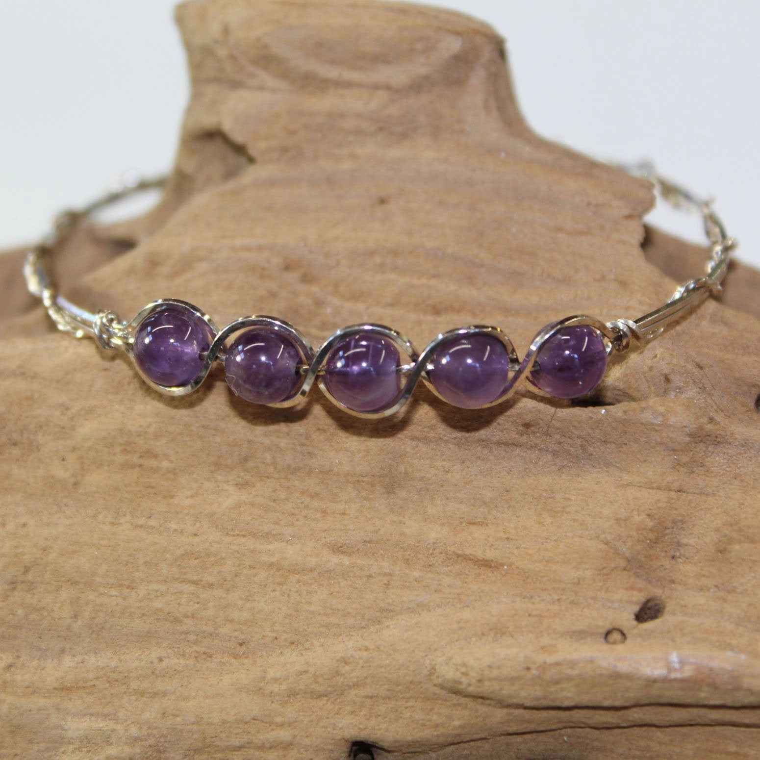 5-Bead Outline Amethyst Beads Sterling Silver Wire Wrapped Bracelet Inclusive Offering Positive Relationship