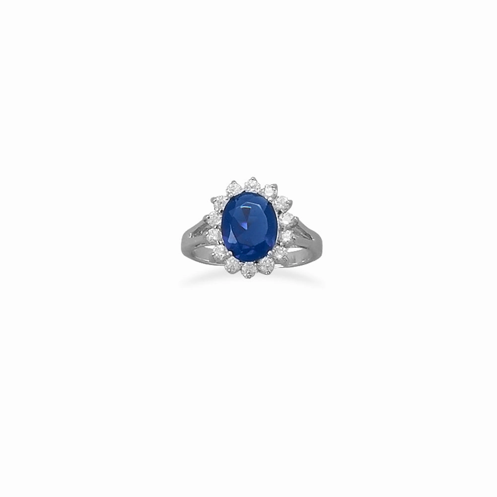 Neutral Mood Blue Oval and Clear Cubic Zirconia Ring Sterling Silver with Rhodium Plate, 8