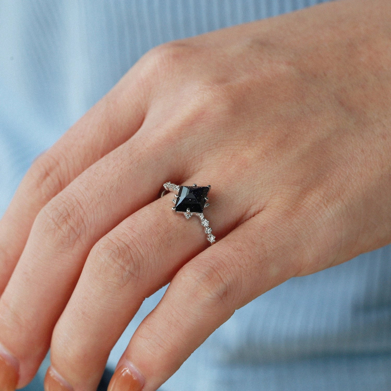 Blue Sandstone Art-Deco Geometric Ring Handmade Jewelry Pieces