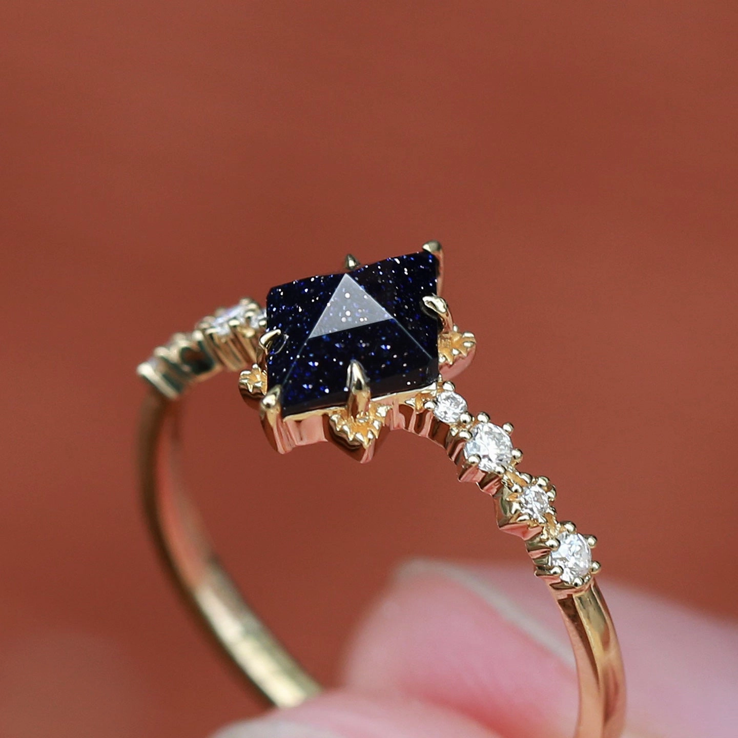 Blue Sandstone Art-Deco Geometric Ring Minimal Style Radiant Statement