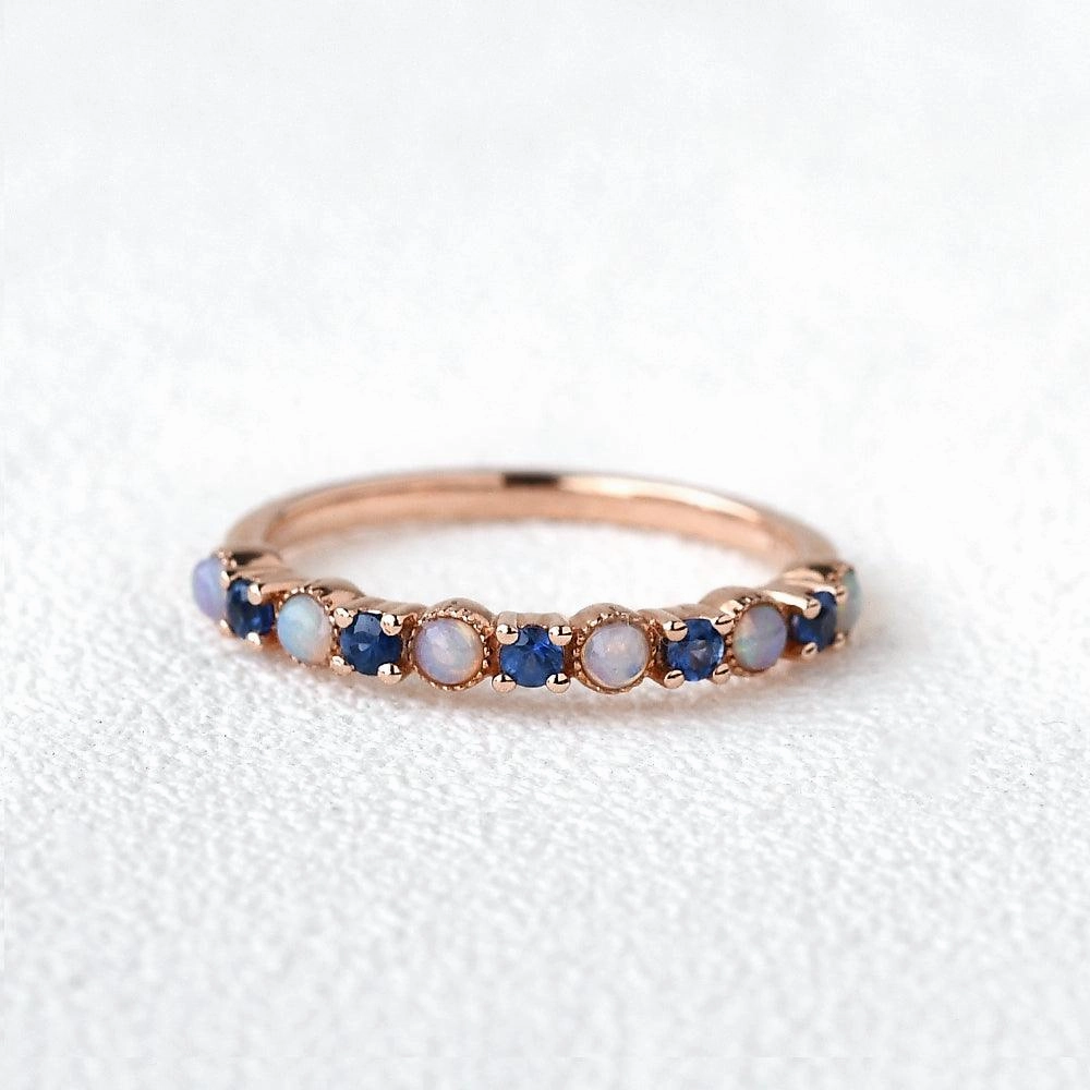 Luminous Accent Handcrafted Finish Blue Sapphire & Opal Rose Gold Ring