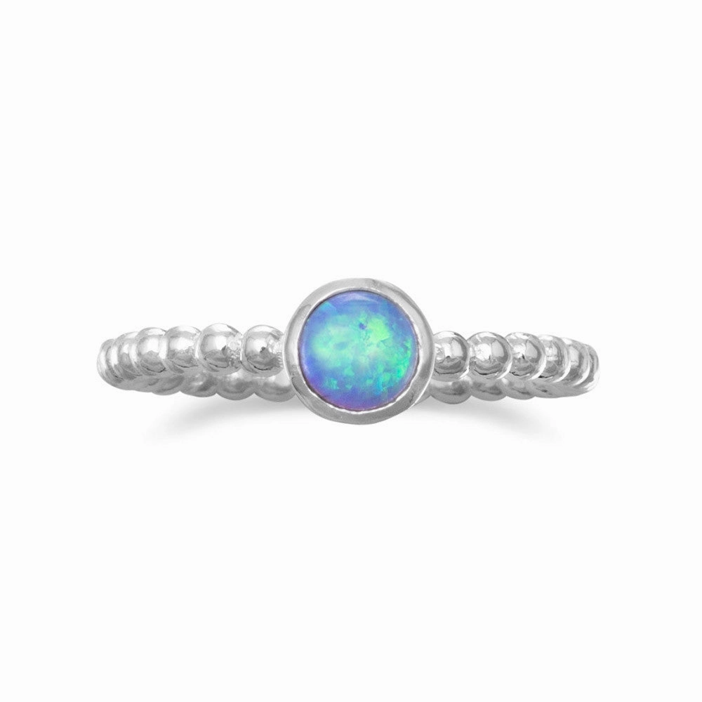 Sparkling Gift Blue Synthetic Opal Ring Round Shape Bead Design Band Sterling Silver