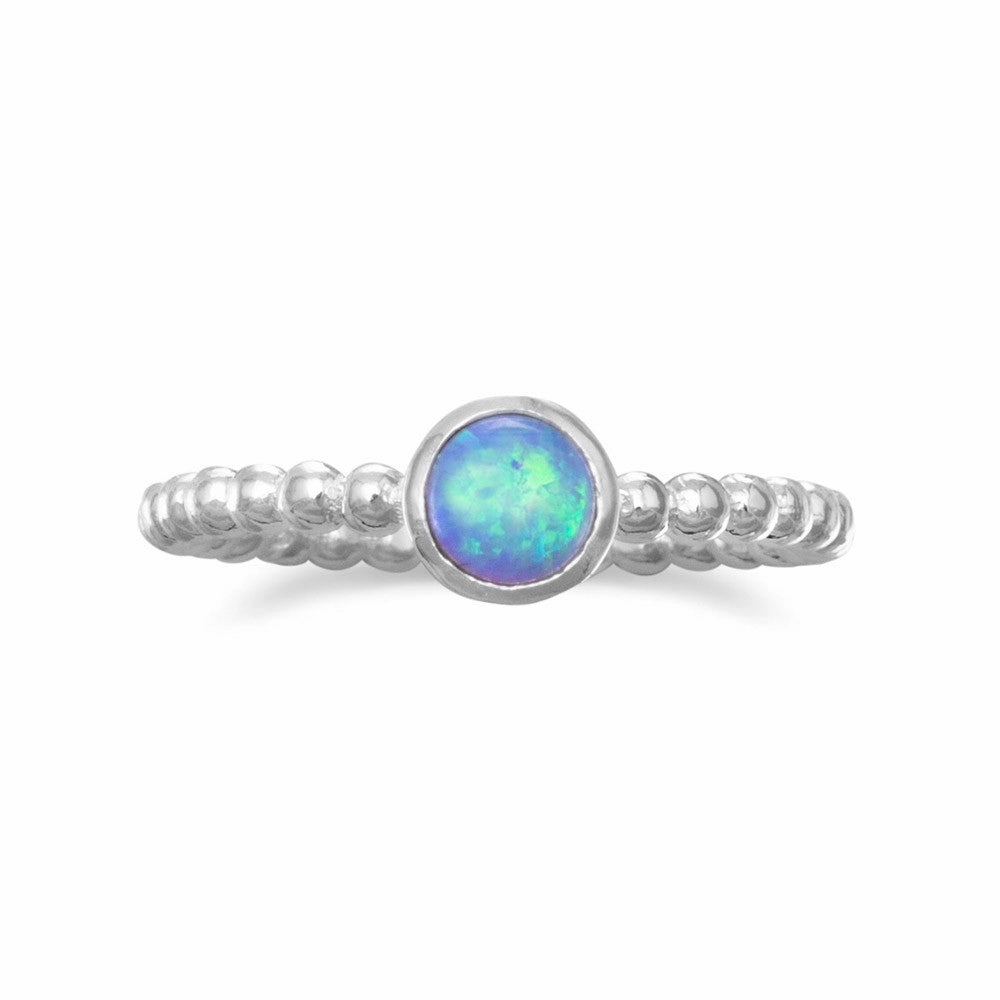Eternal Gift Blue Synthetic Opal Ring Round Shape Bead Design Band Sterling Silver