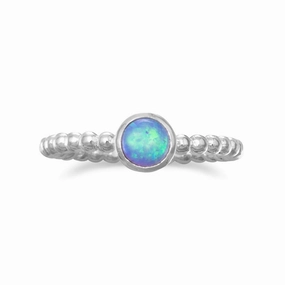 Blue Synthetic Opal Ring Round Shape Bead Design Band Sterling Silver Nature Inspired Artistic Jewelry