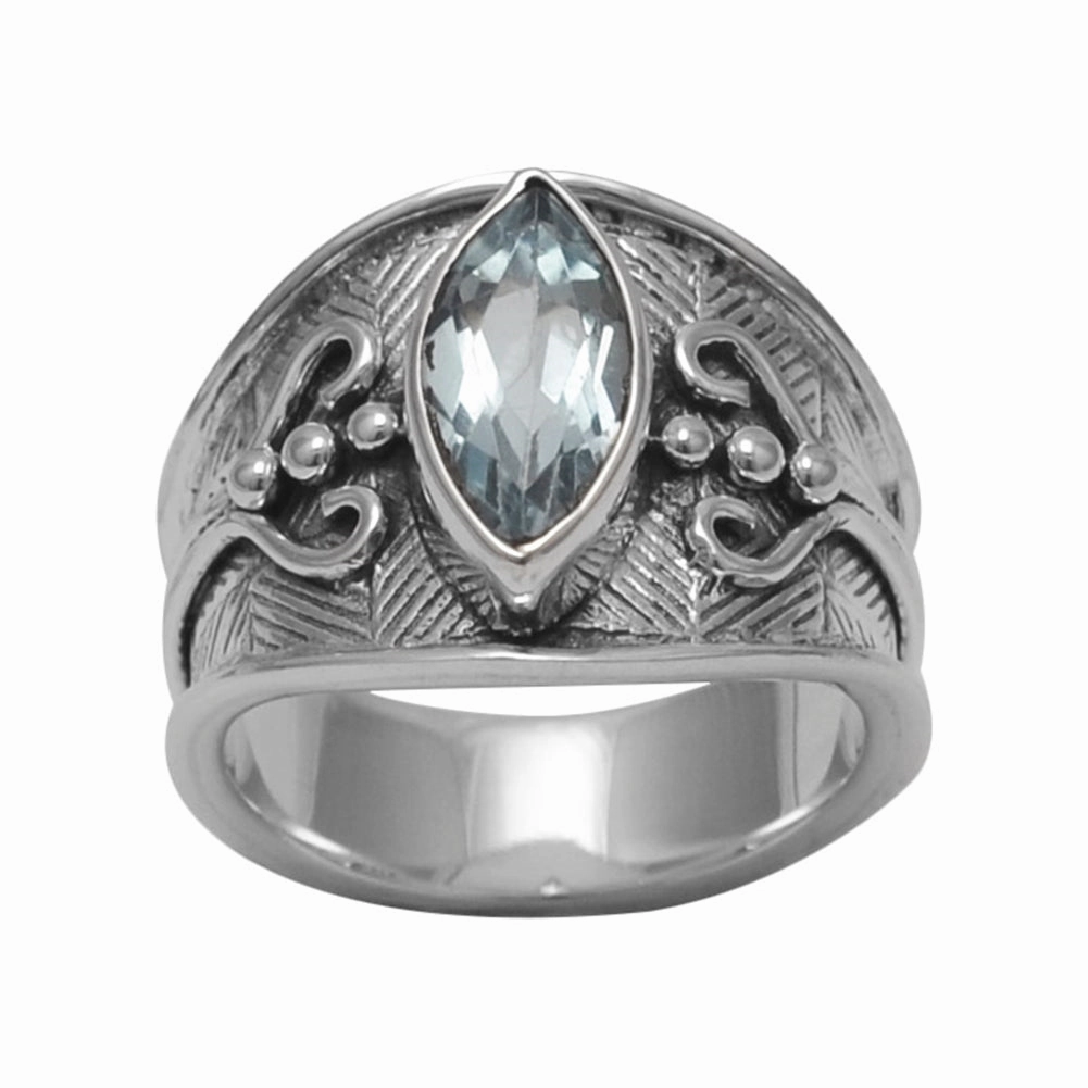 Blue Topaz Ring Marquise Cut with Heart and Bead Design Sterling Silver Seasonal Favorite